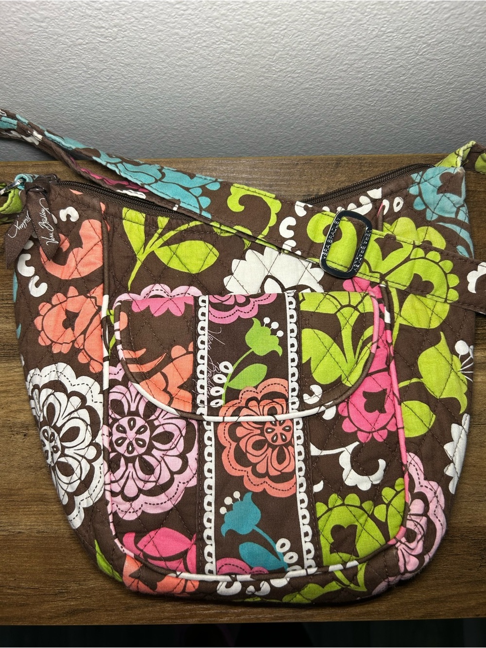 Vera Bradley Quilted Floral Crossbody Bag - Brown with Pink, Green, Blue Accents